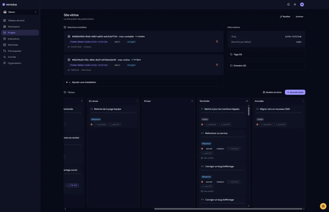Page d’un projet : machines installées avec leur dossier, leur branche et leur consommation, puis board Kanban avec les colonnes En revue, Erreur, Terminée et Annulée.