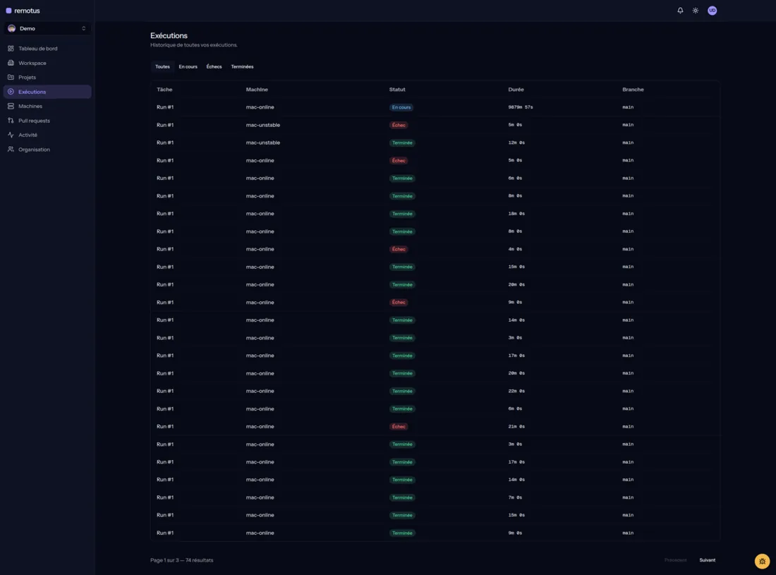 Historique des exécutions : liste paginée des runs avec machine, statut, durée et branche, filtrable par En cours, Échecs et Terminées.