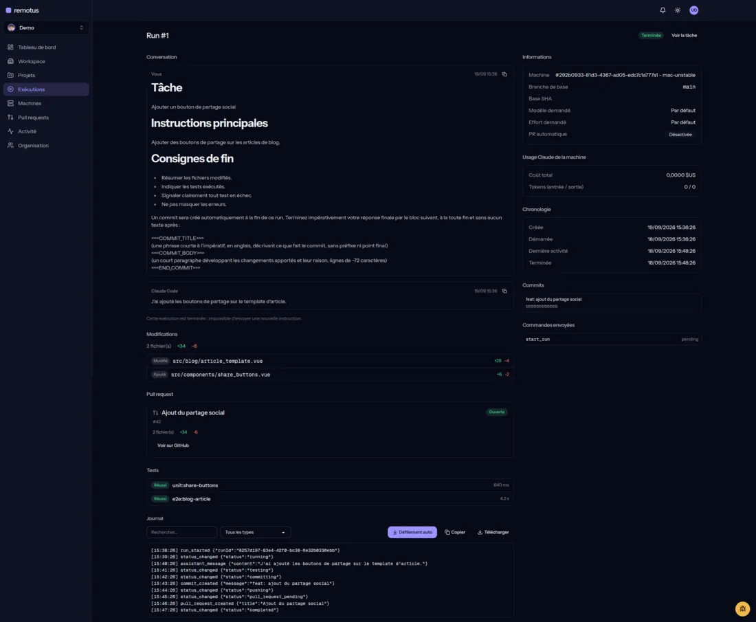 Détail d’un run terminé : conversation avec Claude Code, fichiers modifiés, pull request ouverte, tests réussis et journal d’événements.