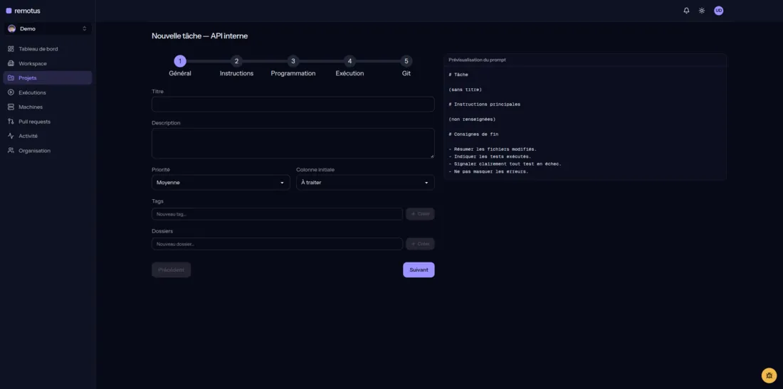 Création d’une tâche en cinq étapes (Général, Instructions, Programmation, Exécution, Git) avec la prévisualisation du prompt envoyé à Claude Code.