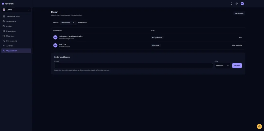 Page Organisation : liste des utilisateurs avec leur rôle, et formulaire d’invitation par e-mail.